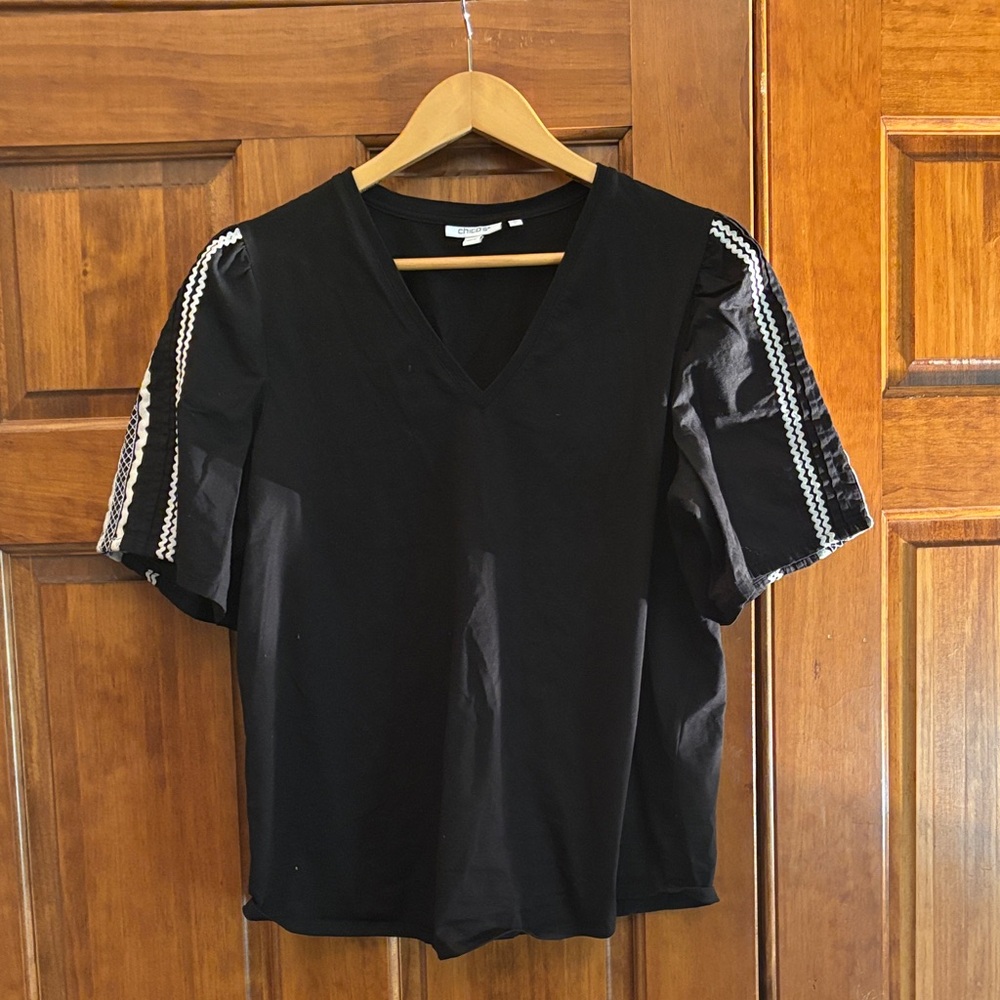 Chico's Black V-Neck Tee with Embellished Sleeves